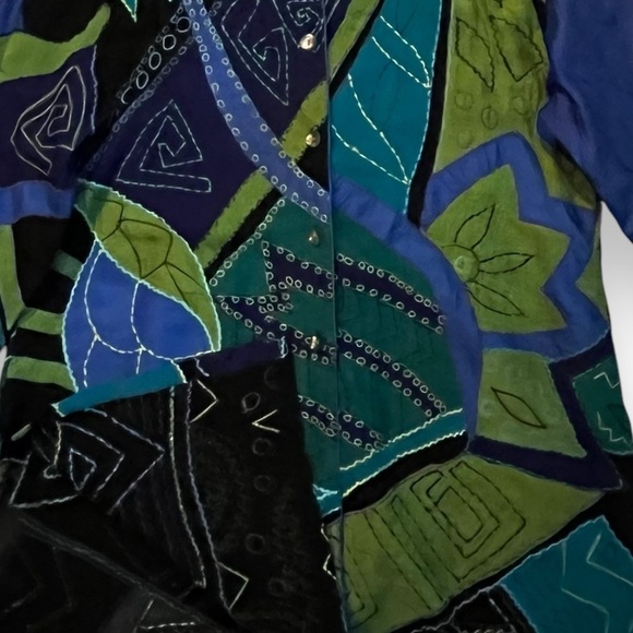 Vintage Chicos Boho Jacket Silk Rayon Art to Wear Appliqué Long size 2/US Large - Picture 4 of 8